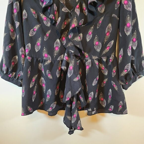 Vtg F21 Y2K Peplum Ruffle V-Neck Top Women's L Peacock Feather Black Peasant - Picture 5 of 13